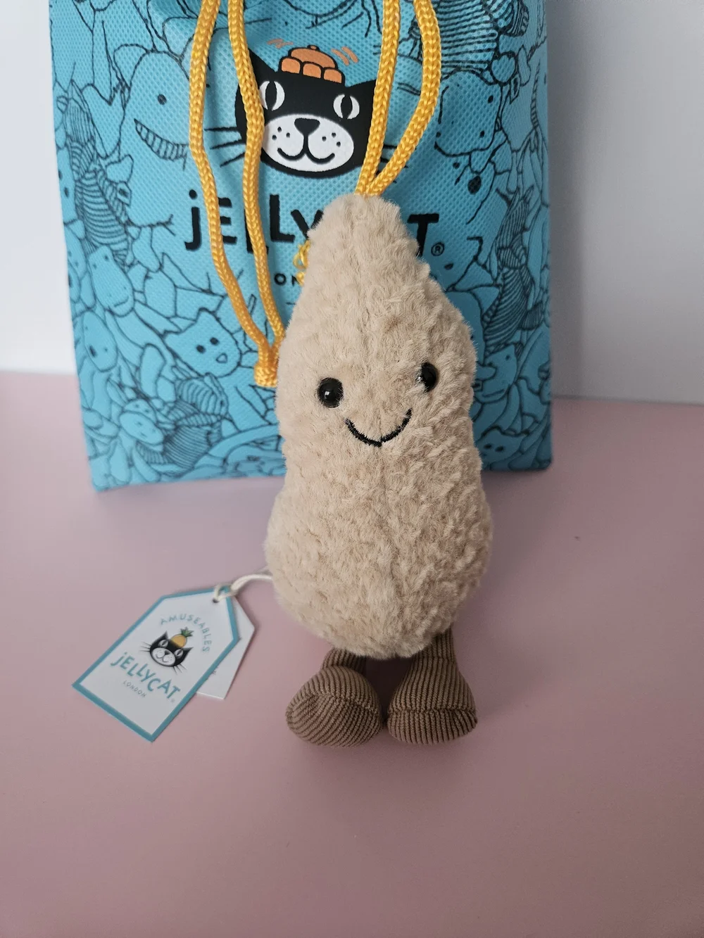 Jellycat Beige Smiley Plush Keyring with Brown Corduroy Feet